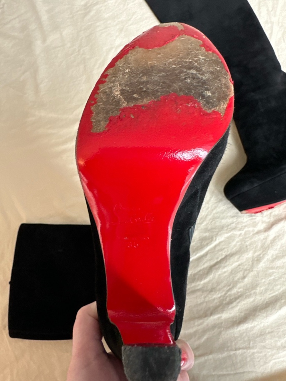 Christian Louboutin Black Suede Platform Knee-High Boots with Red Soles - Size 6 - Picture 4 of 7